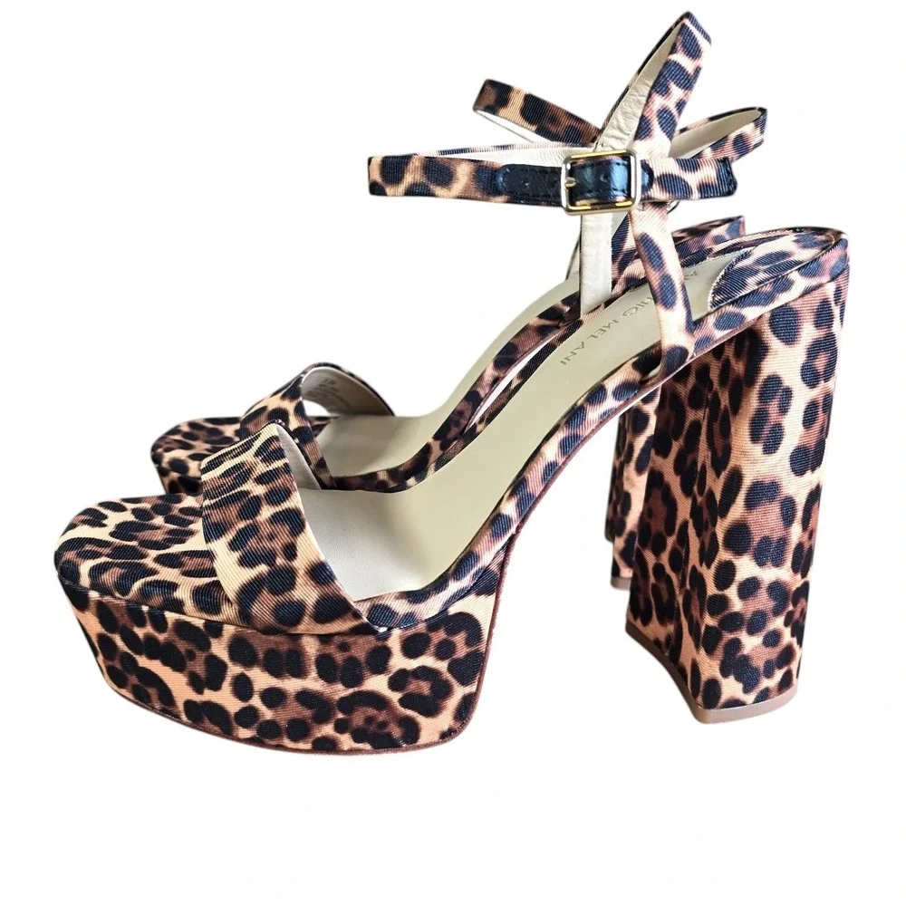 Antonio Melani Leopard Print Platform Block Heel Sandals Brown Black Size 8.5M